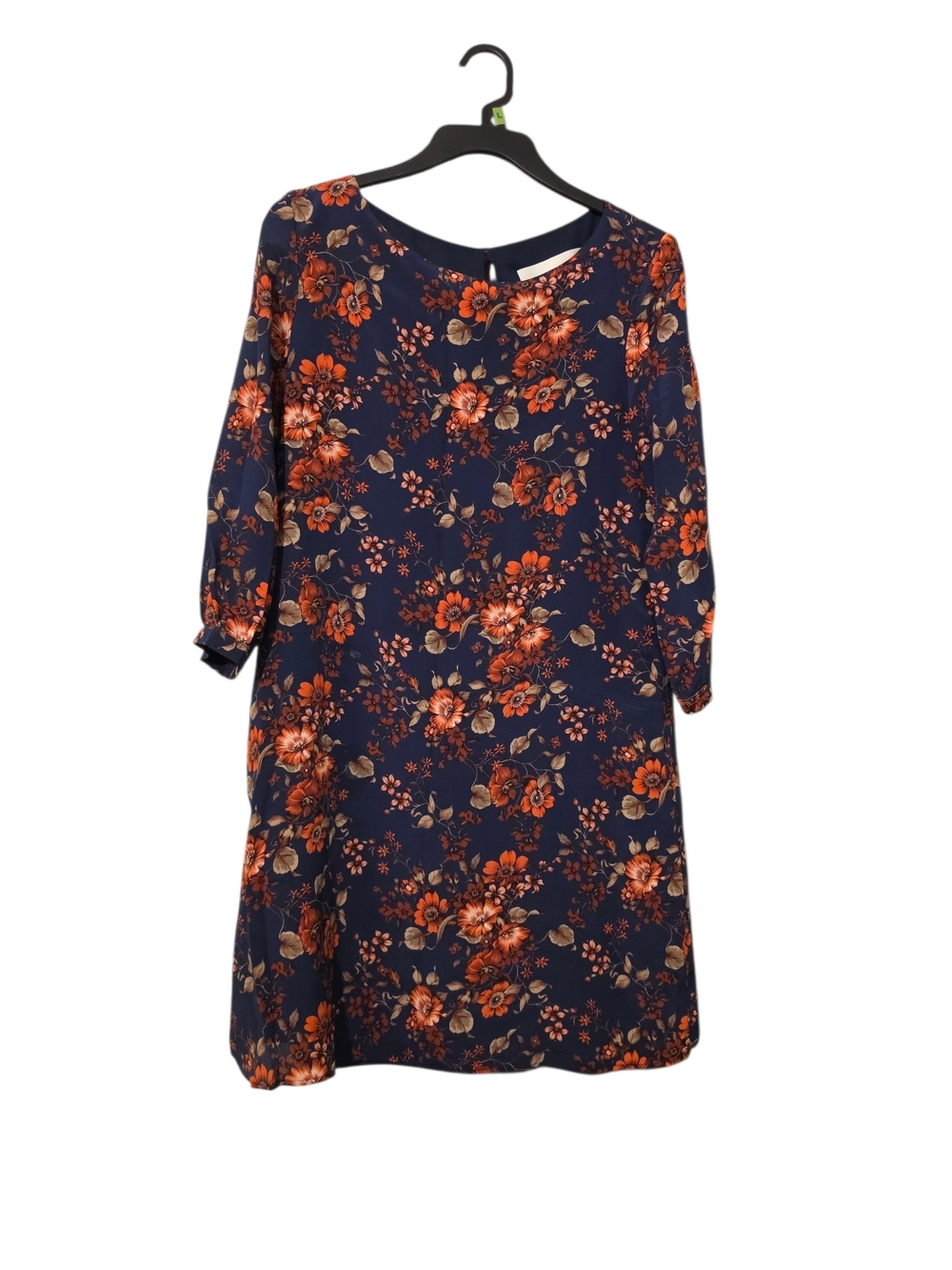 Amour Vert Navy Floral Long-Sleeve Shift Dress with Orange Blooms - S